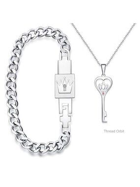 Matching Couple King Queen Key Lock Bracelet and Pendant Jewelry Set Gift Box